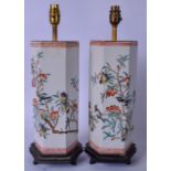 A PAIR OF HEXAGONAL SHAPED PORCELAIN VASES CONVERTED TO LAMPS IN THE CHINESE STYLE, decorated with
