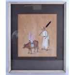 A 19TH CENTURY CHINESE FRAMED WATERCOLOUR depicting a standing male pulling an oxen. Image 29 cm x