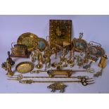 A LARGE COLLECTION OF ANTIQUE BRASS WARE, comprising of various figures and utensils of varying