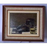 MARTIN GREEN (British), framed oil on board, unsigned, still life fish and a glass on a board. 15.