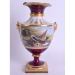AN EARLY 19TH CENTURY FLIGHT BARR AND BARR VASE painted with Water Dog & Mallard upon a crimson