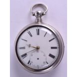 A 19TH CENTURY PAIR CASED ENGLISH SILVER POCKET WATCH with white enamel dial and black numerals. 5.