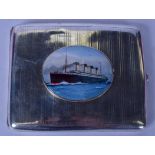A SOLID SILVER CIGARETTE CASE, decorated with an oval panel depicting the Titanic. 9.5 cm x 7.6 cm.