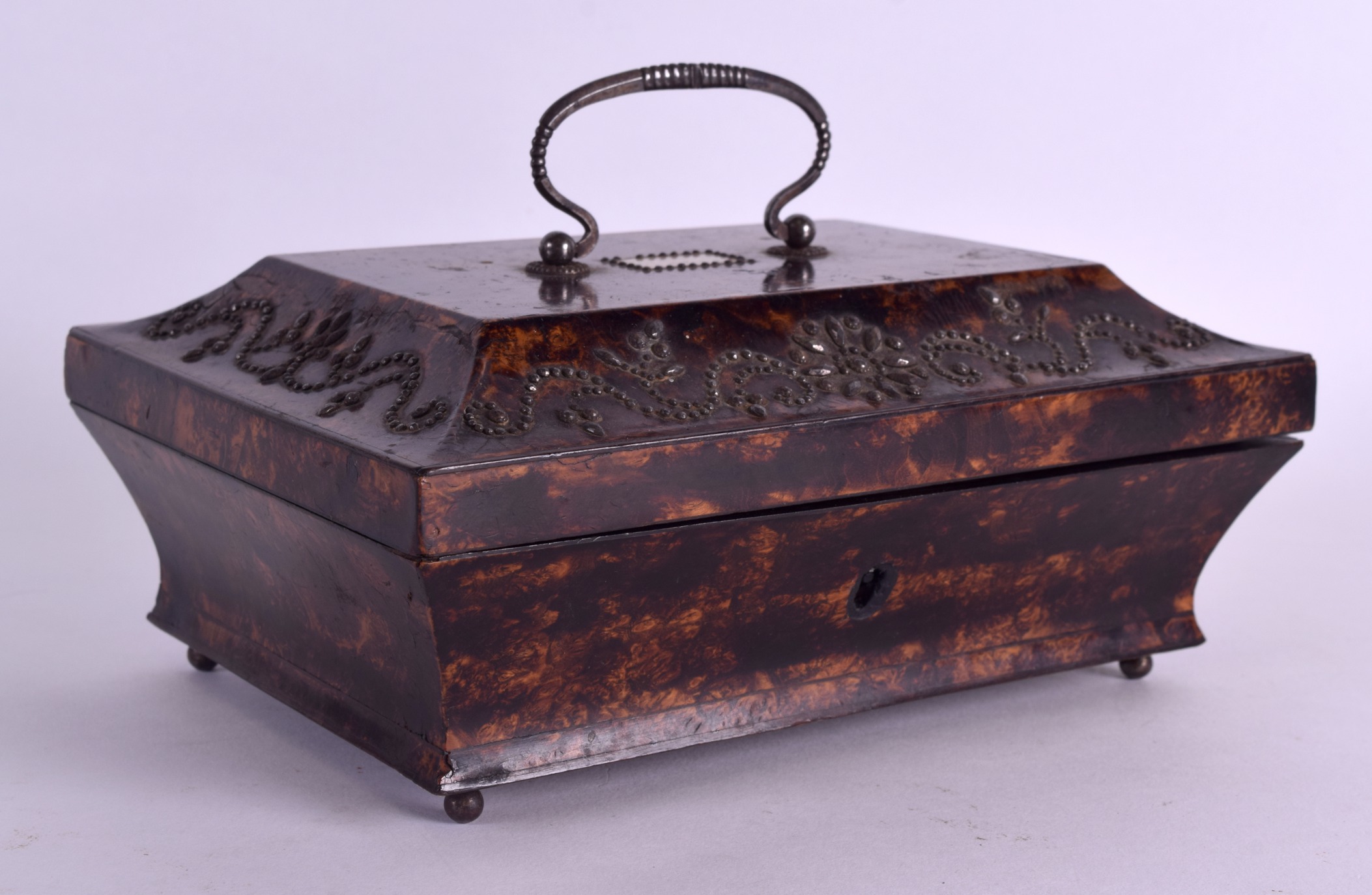 A LOVELY GEORGE III BURR WALNUT CUT STEEL WORK CASKET decorated with floral motifs and swirls. 19 cm