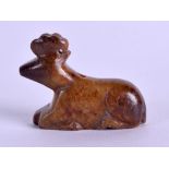 A 19TH CENTURY CHINESE CARVED MUTTON JADE FIGURE OF A STYLISED DEER Late Qing. 3 cm x 2.5 cm.