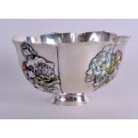 A GOOD LATE 19TH CENTURY JAPANESE MEIJI PERIOD SILVER AND ENAMEL BOWL decorated in relief with