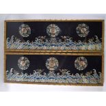 A GOOD PAIR OF 19TH CENTURY CHINESE FRAMED BLUE SILK PANELS Qing, depicting floral roundels over