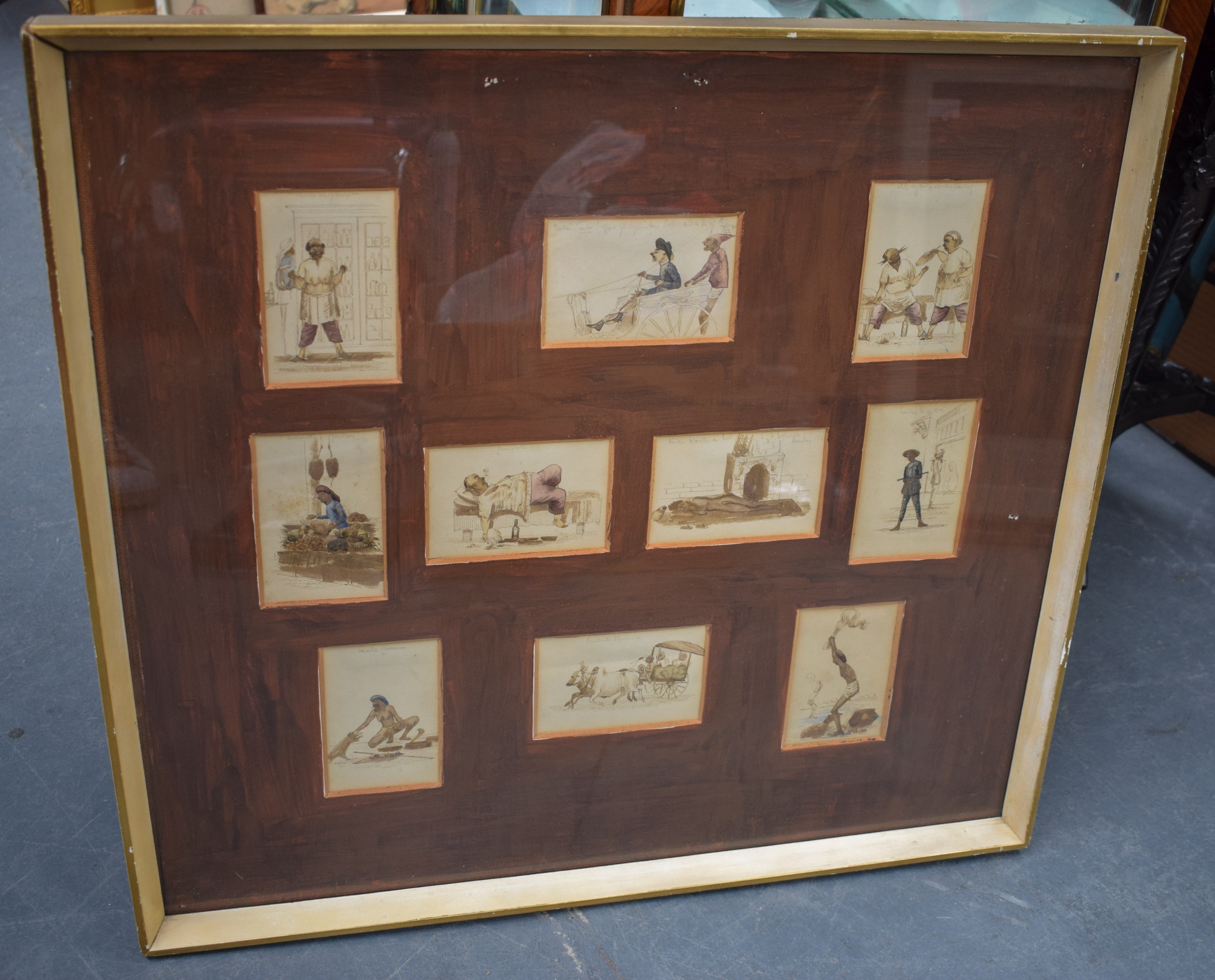 INDIAN SCHOOL, framed set of ten watercolours, depicting figures in various pursuits. 56 cm x 60