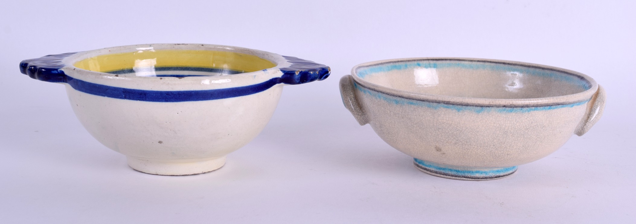 TWO EARLY 20TH CENTURY FRENCH FAIENCE QUAICHES one bearing Quimper signature. 14 cm & 12 cm wide. ( - Image 2 of 4