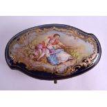 A 19TH CENTURY FRENCH SEVRES PORCELAIN OVAL CASKET painted with figures within landscapes, under a