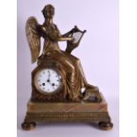 A LARGE MID 19TH CENTURY FRENCH BRONZE AND ONYX MANTEL CLOCK modelled a winged female holding a