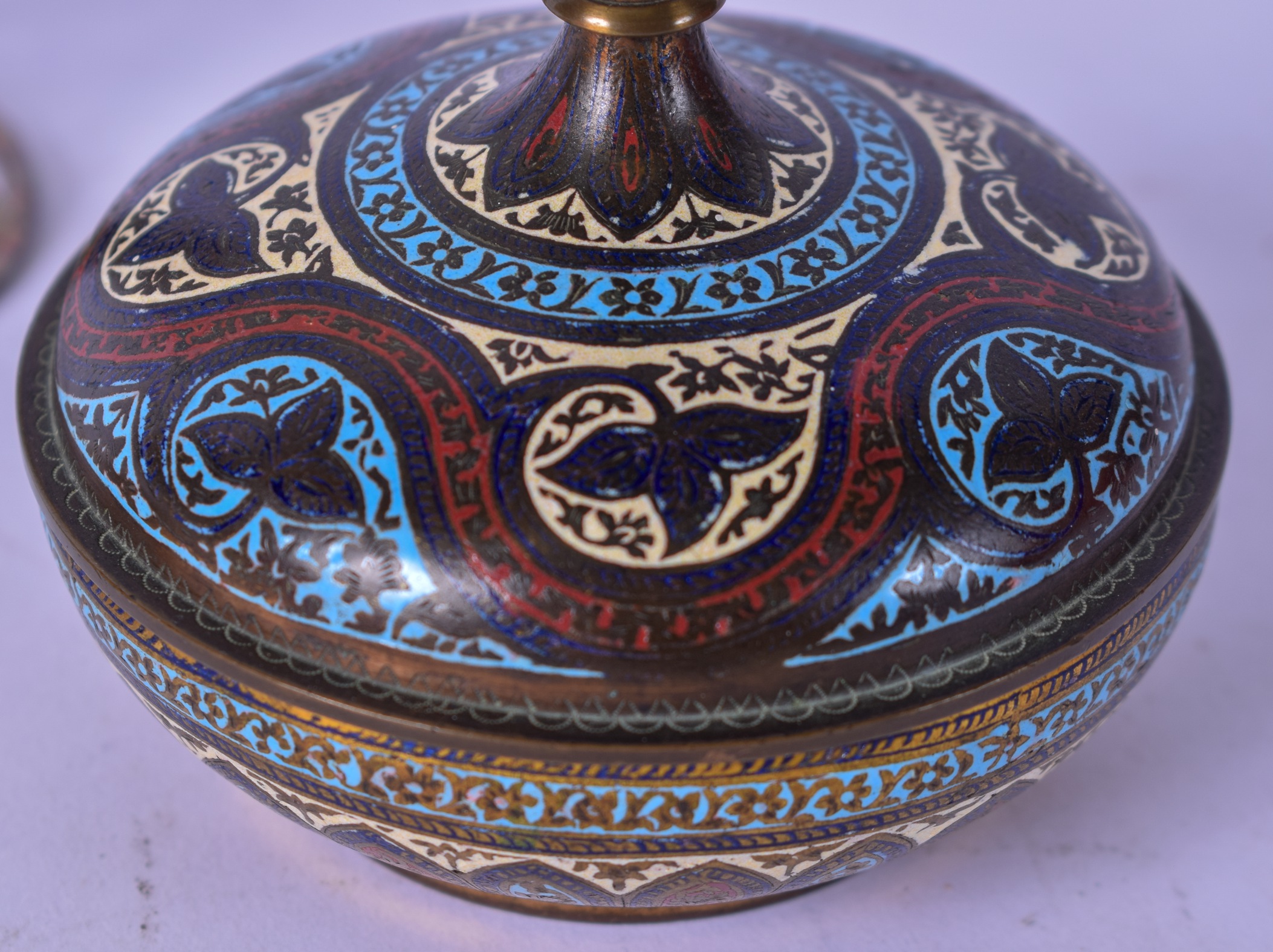 A BRONZE CHAMPLEVE ENAMEL CIRCULAR BOX AND COVER, together with a glass vase and a white metal - Image 4 of 4