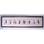 A FRAMED SET OF EIGHT 19TH CENTURY CHINESE PITH PAPER WORKS depicting figures in various pursuits.