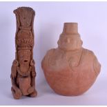 A PRE COLUMBIAN TYPE POTTERY FIGURAL VESSEL together with another similar figure. 25 cm & 30 cm
