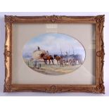 AN EX ROYAL WORCESTER ARTIST MILWYN HOLLOWAY PLAQUE painted with a horse and cat by a haystack.