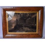 A FRAMED 19TH CENTURY ENGRAVING, depicting Greek ruins, contained within a walnut frame. 36 cm x