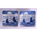 A PAIR OF 18TH CENTURY JAPANESE EDO PERIOD BLUE AND WHITE SQUARE FORM DISHES painted with a sunrise.