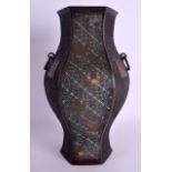 A LARGE 19TH CENTURY JAPANESE MEIJI PERIOD BRONZE AND CHAMPLEVE ENAMEL VASE decorated with