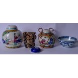 A CHINESE BLUE AND WHITE PORCELAIN BOWL, together with a soapstone brush pot, two ginger jars