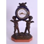 A 19TH CENTURY FRENCH ART NOUVEAU BRONZE AND ENAMEL CLOCK modelled as two putti holding aloft a