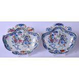 A PAIR OF 19TH CENTURY MASONS IRONSTONE SHELL SHAPED CHINA PLATES, decorated with foliage and