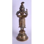 A 19TH CENTURY INDIAN BRONZE FIGURE OF A STANDING BUDDHISTIC DEITY modelled holding aloft an open