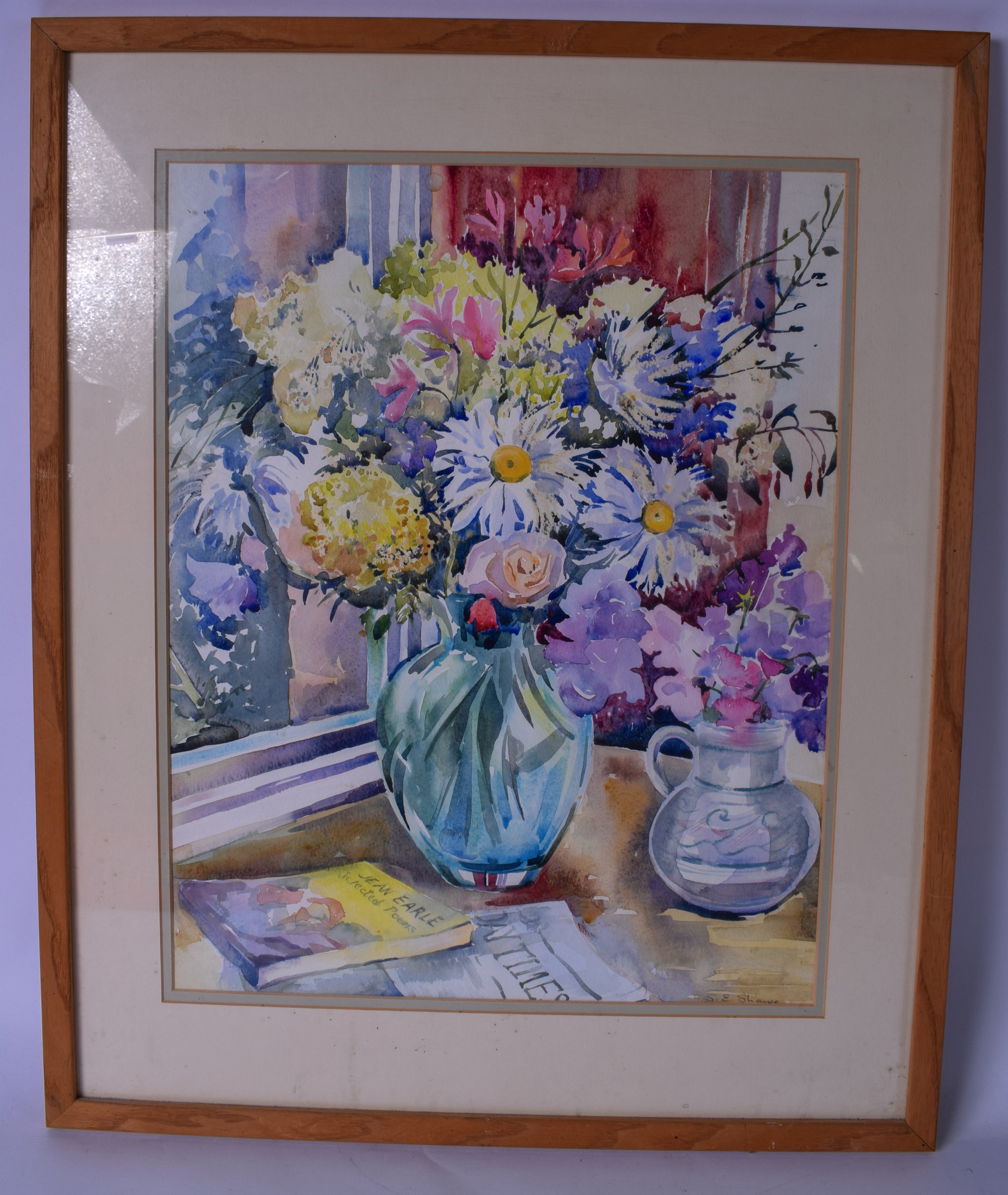 JEAN EARLE (20th century), framed watercolour, signed, still life flowers and books on a table. 46