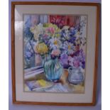 JEAN EARLE (20th century), framed watercolour, signed, still life flowers and books on a table. 46