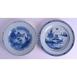 TWO 18TH CENTURY DELFT BLUE AND WHITE PLATES probably English. 23 cm wide. (2)