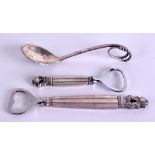 TWO DANISH GEORG JENSEN SILVER BOTTLE OPENERS together with a stylish Jensen spoon. 5.1 oz. (3)