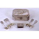 AN EASTERN WHITE METAL BOX, together with a Chinese silver vesta case and five spoons.(7)