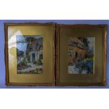 DAVID WOODLOCK (1842-1929), framed pair watercolours, cottage garden scenes. 28 cm x 20 cm.