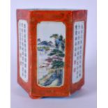 A CHINESE PORCELAIN BRUSH POT BEARING QIANLONG MARKS, painted with panels of landscape scenery and
