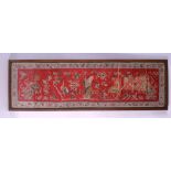 A LATE 19TH CENTURY CHINESE RED SILKWORK PANEL Qing, decorated with sage standing amongst spotted
