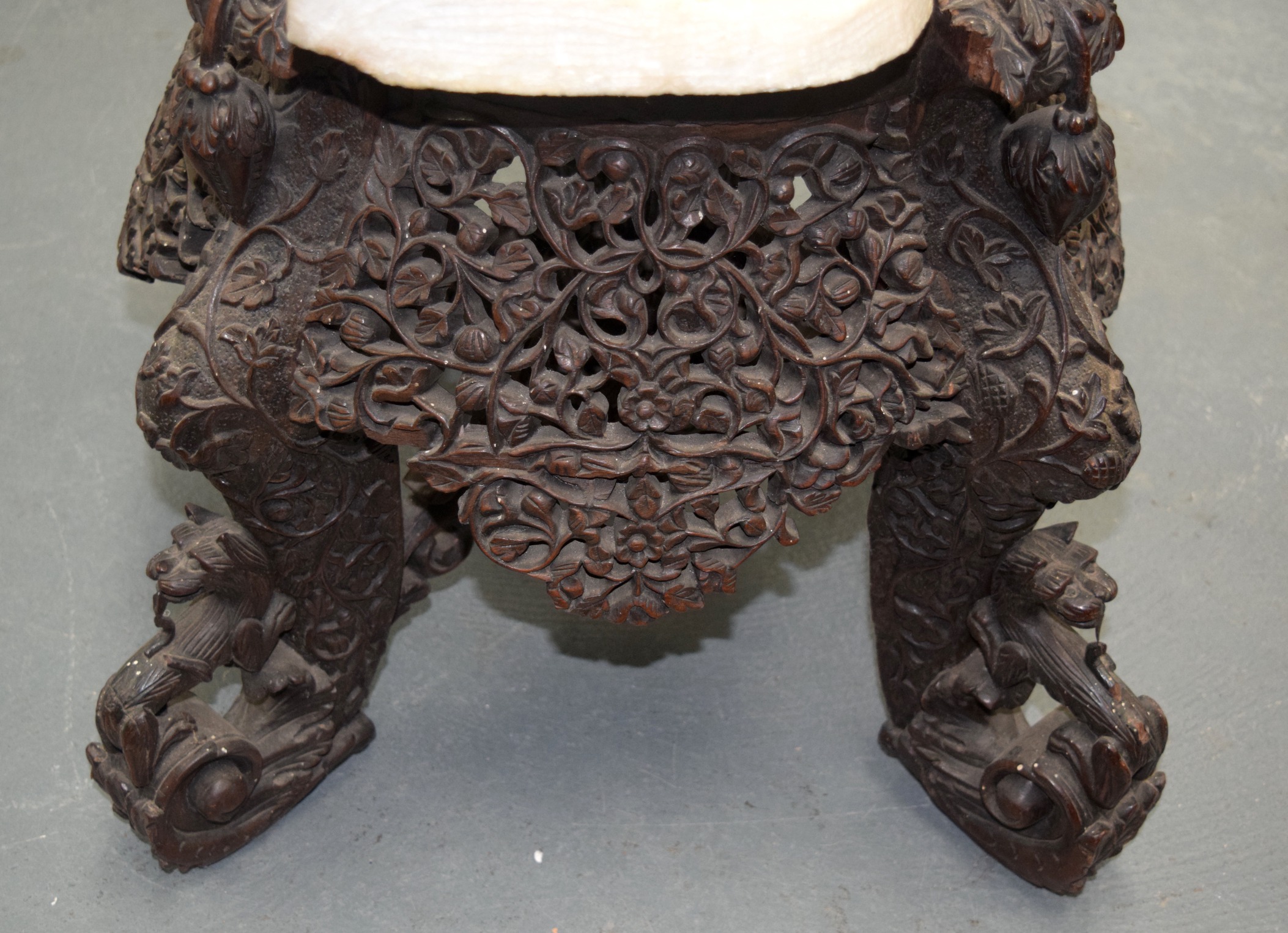 A MID 19TH CENTURY BURMESE CARVED SCROLLING HARDWOOD STAND. 45 cm x 45 cm. - Image 4 of 5