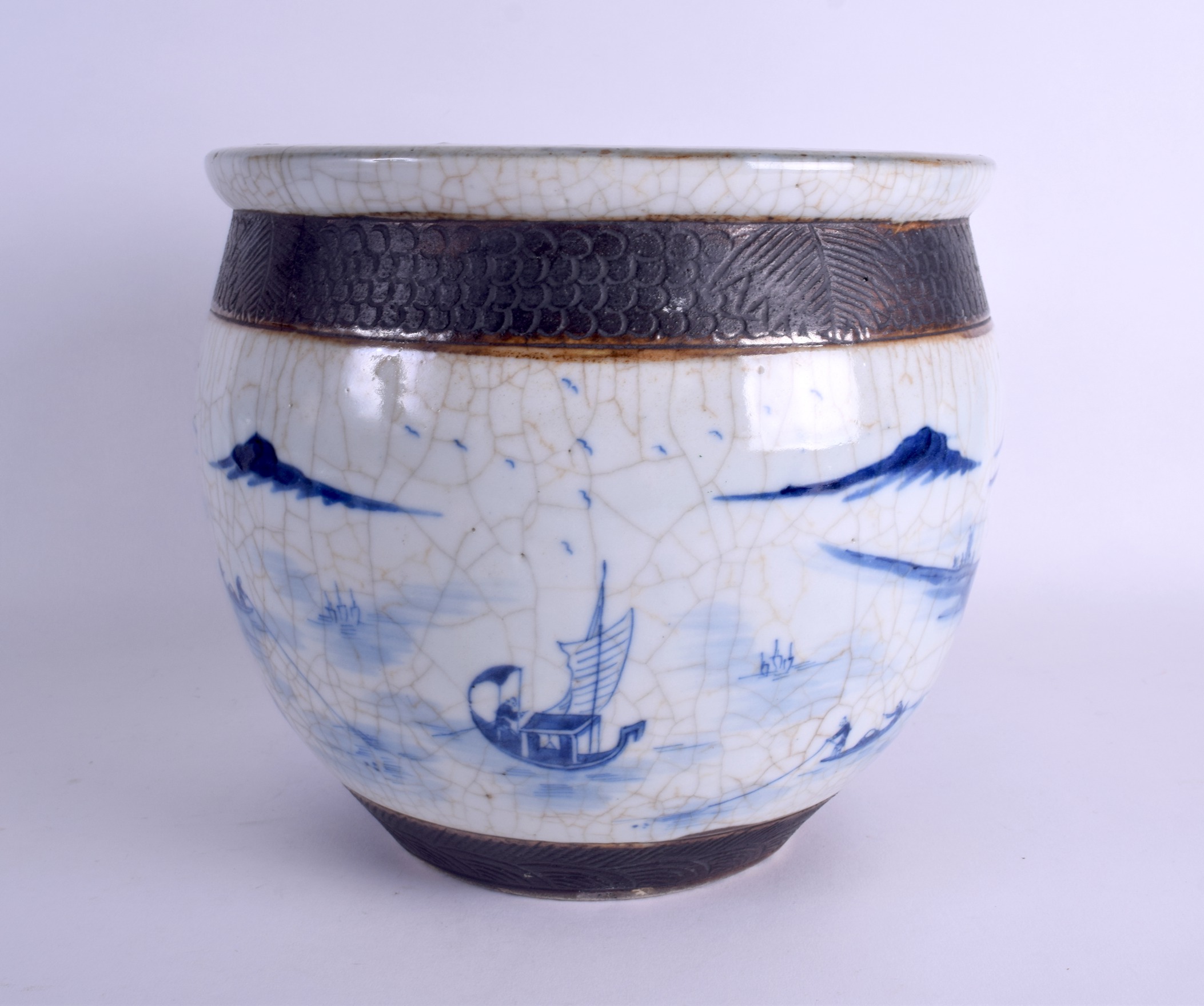 A 19TH CENTURY CHINESE CRACKLE GLAZED PORCELAIN PLANTER painted with landscapes. 24 cm x 24 cm. - Image 2 of 3