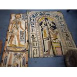 TWO EGYPTIAN EMBROIDERYS, one depicting the god Horus. 120 cm x 88 cm.