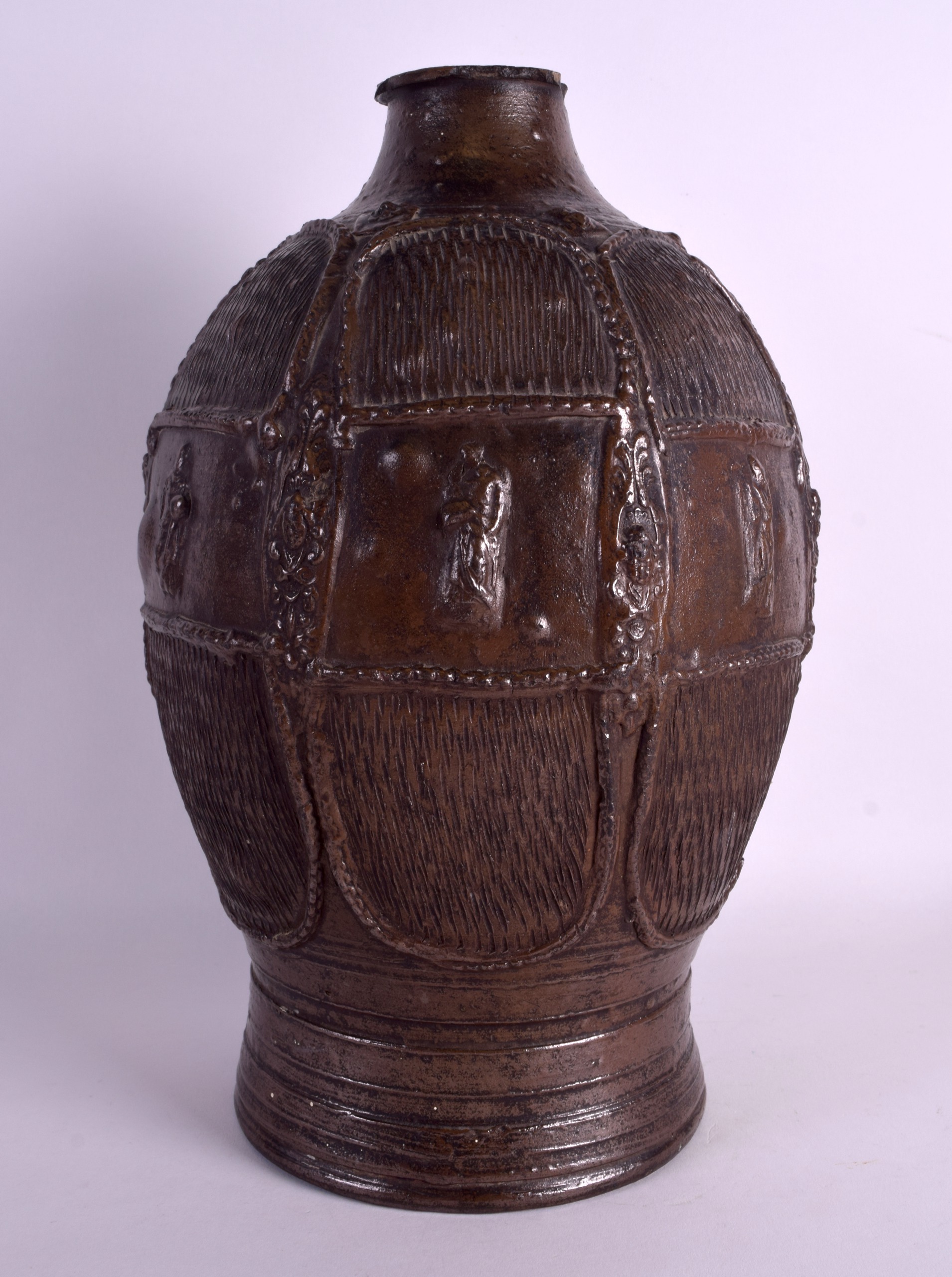 A LARGE AND RARE 17TH/18TH CENTURY GERMAN STONEWARE VESSEL decorated in relief with figures and