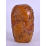 A 19TH CENTURY CHINESE CARVED SHOUSHAN SEAL Late Qing, decorated with figures roaming within