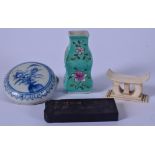 A CHINESE BLACK INKBLOCK INCISED WTH CALLIGRAPHY, together with a vase, ivory brush stand etc.(4)