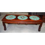 A GOOD EARLY 20TH CENTURY CHINESE CARVED HARDWOOD LOW TABLE Qing, inset with earlier cloisonné