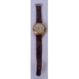 AN 18CT GOLD DELRIO CHRONOGRAPHE SWISS WRISTWATCH, with leather strap. Dial 4 cm and 43.7g overall.