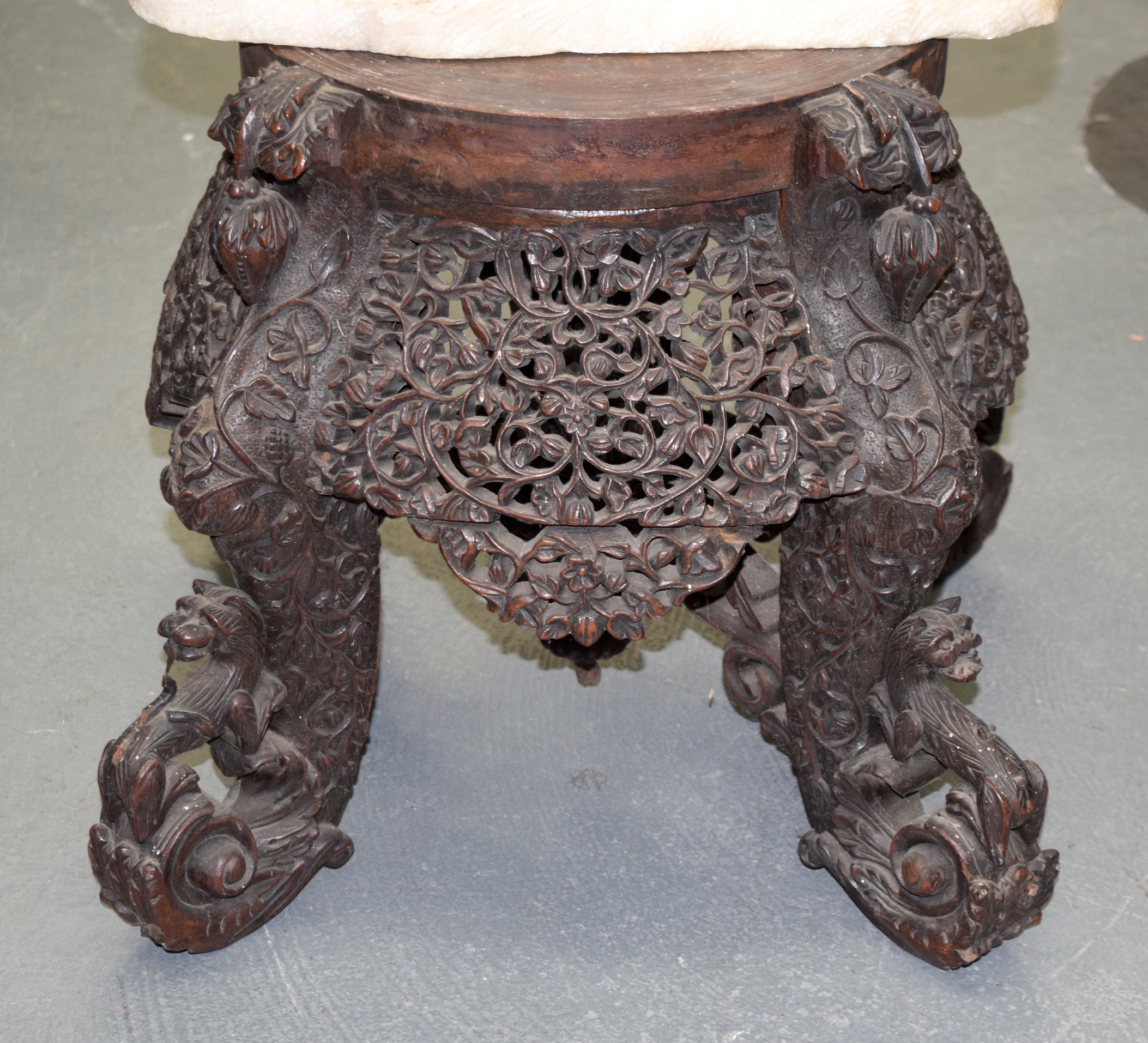 A MID 19TH CENTURY BURMESE CARVED SCROLLING HARDWOOD STAND. 45 cm x 45 cm.