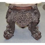 A MID 19TH CENTURY BURMESE CARVED SCROLLING HARDWOOD STAND. 45 cm x 45 cm.