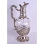 A GOOD ART NOUVEAU FRENCH SILVER AND ETCHED GLASS CLARET JUG by Edouard Ernie, Paris, with classical