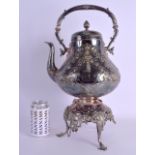 A LARGE VICTORIAN SILVER PLATED KETTLE ON STAND decorated with pineapples, foliage and vines. 44