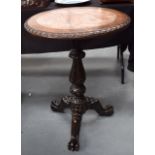 A LATE 19TH CENTURY CHINESE CARVED MARBLE INSET HARDWOOD TRIPOD TABLE with carved foliate and claw &