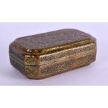 AN 18TH/19TH CENTURY MIDDLE EASTERN BRASS SNUFF BOX decorated with Kufic script and foliage. 9 cm