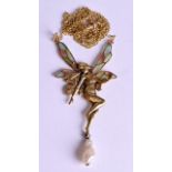 A LOVELY ART NOUVEAU 14CT GOLD AND ENAMEL FAIRY PENDANT with hanging baroque pearl. 6.9 grams.