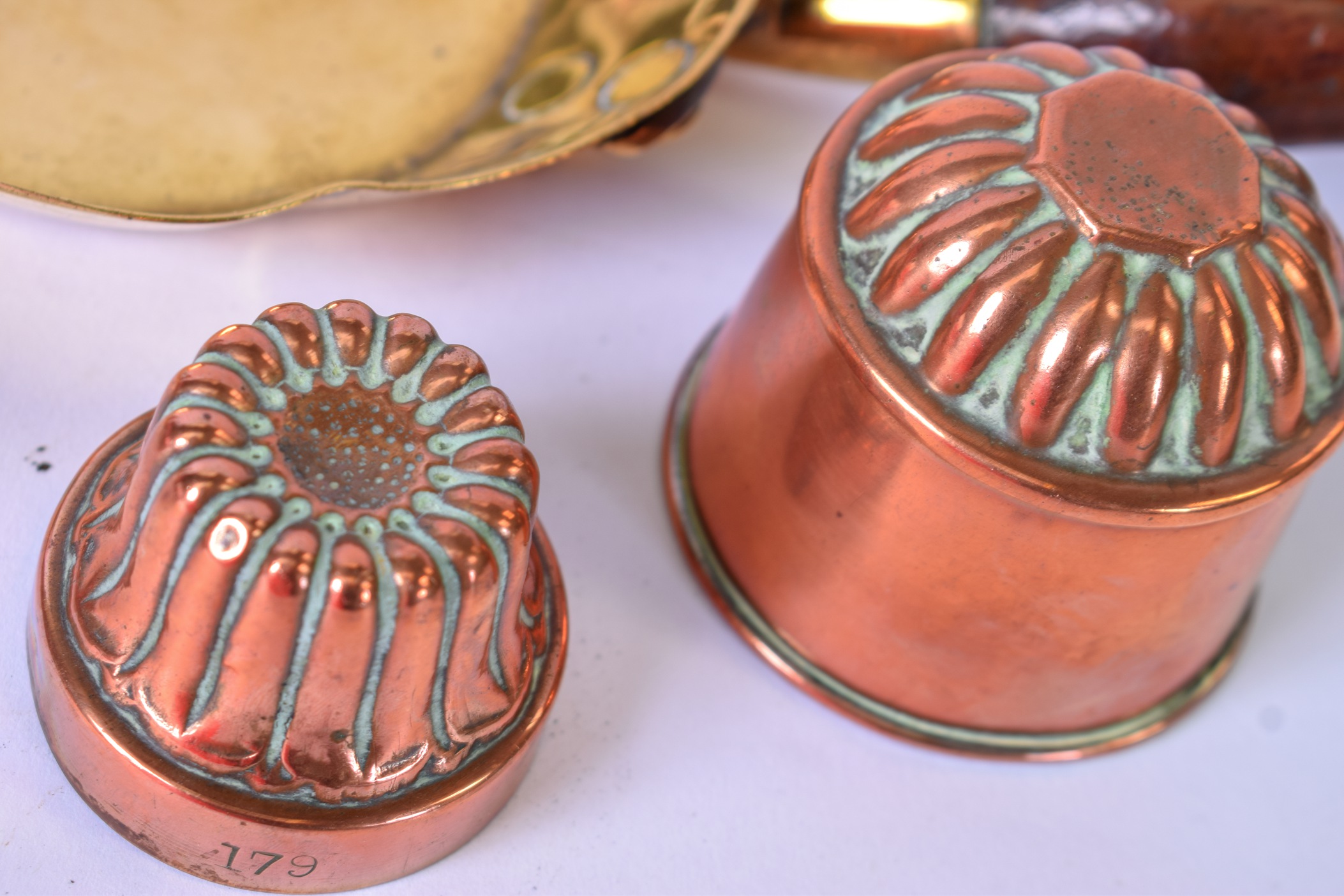 TWO EARLY 20TH CENTURY COPPER CHOCOLATE MOULDS, together with carved soapstone bird etc. (qty) - Bild 3 aus 3